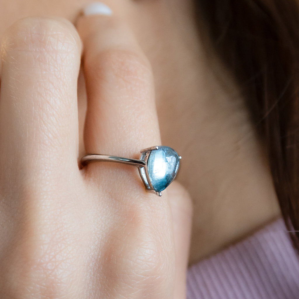 Aquamarine Pear Cut Ring in Sterling Silver and Rhodium
