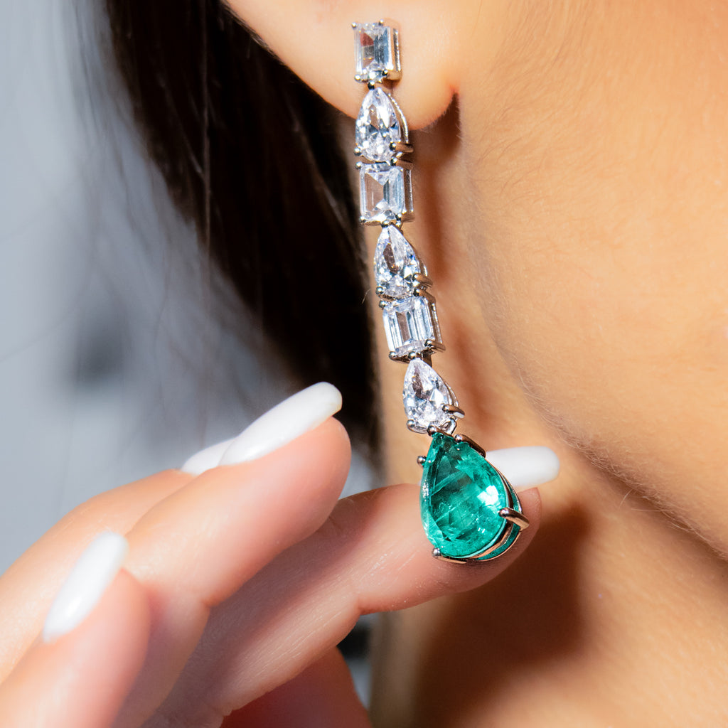 Emerald with Cubic Zirconia Long Earring in Sterling Silver and Rhodium