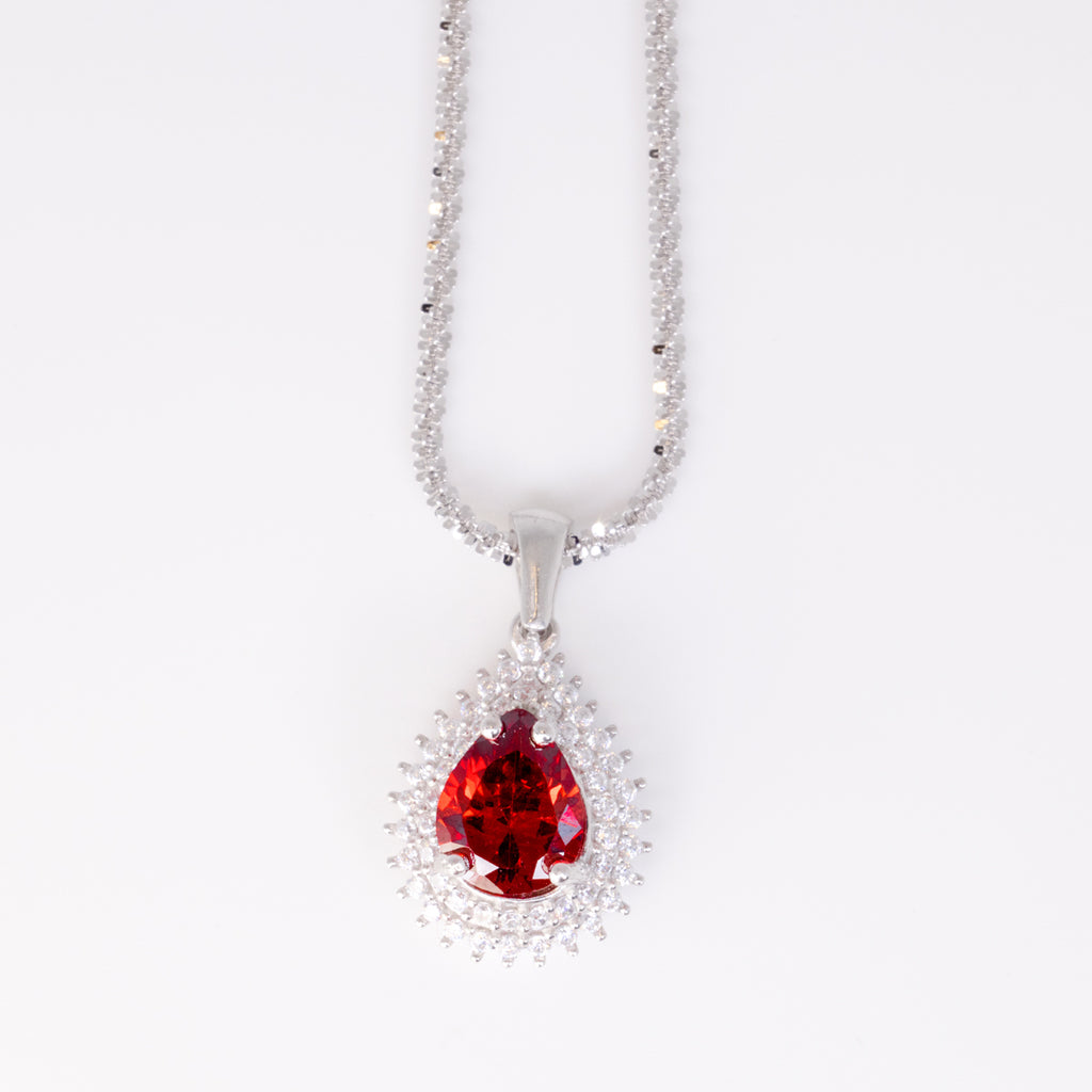 Garnet with Cubic Zirconia Pear Pendant in Sterling Silver and Rhodium