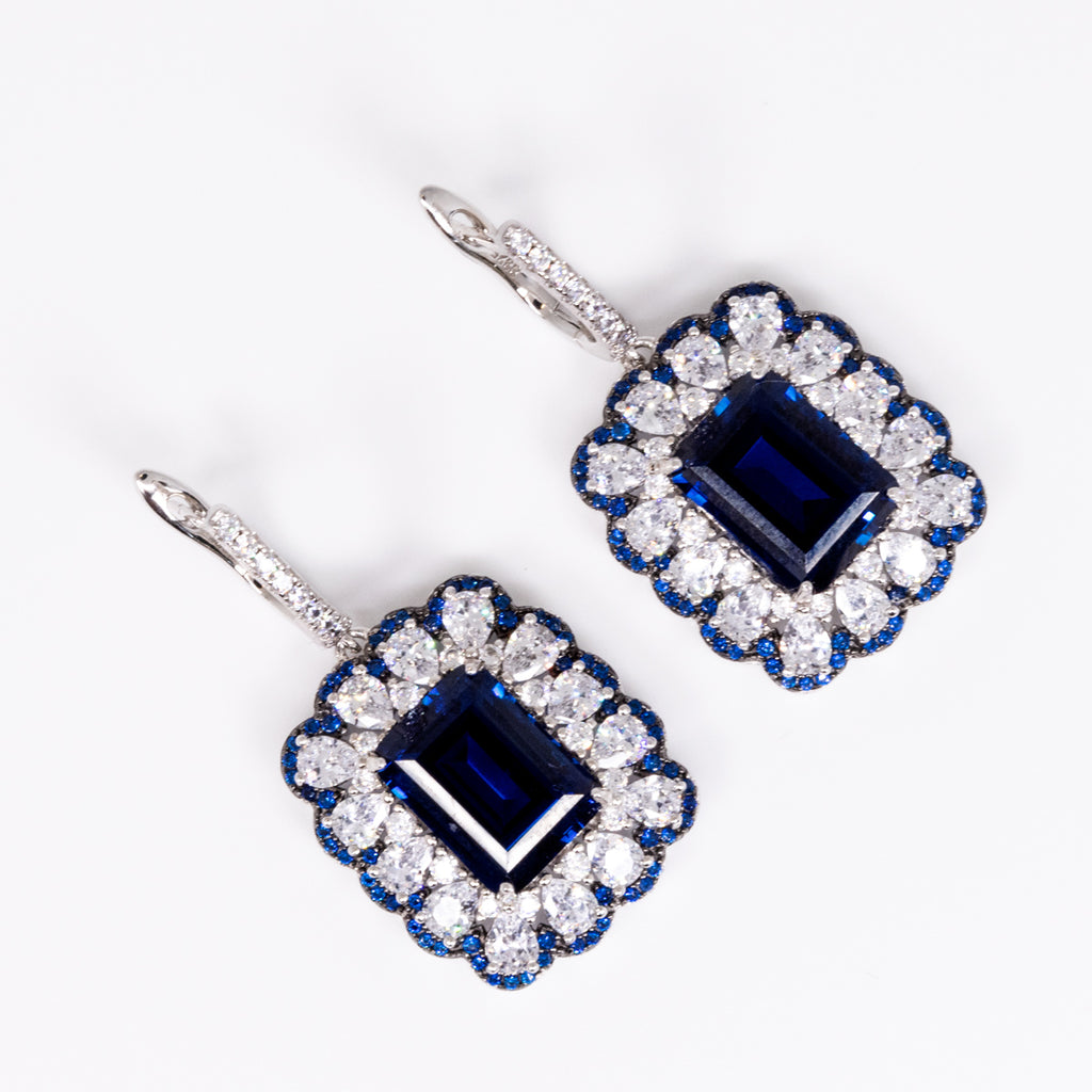 Emerald Cut Sapphire with Cubic Zirconia Earrings in Sterling Silver and Rhodium