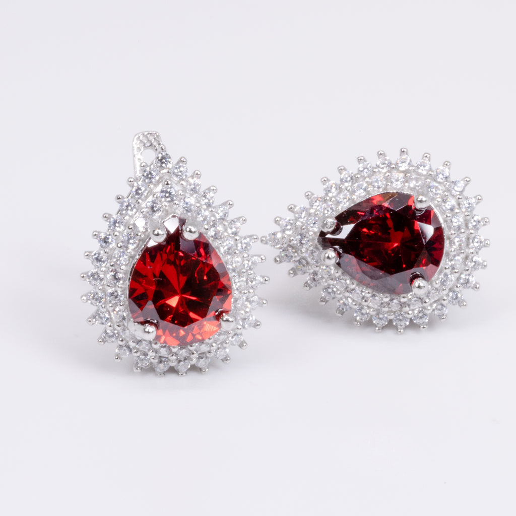Garnet with Cubic Zirconia Pear Earring in Sterling Silver and Rhodium