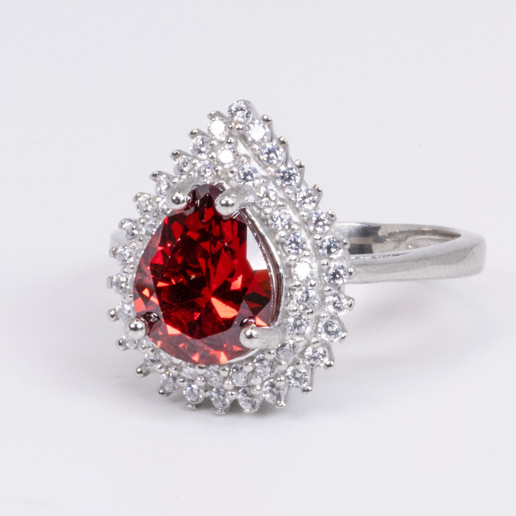 Garnet with Cubic Zirconia Pear Ring in Sterling Silver 925 and Rhodium