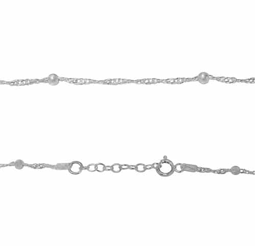 Simple Beaded Singapore Chain Anklet in Sterling Silver and Rhodium