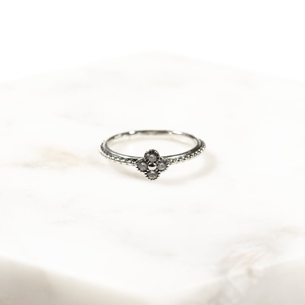 Beaded White Zircon Ring in Sterling Silver and Rhodium