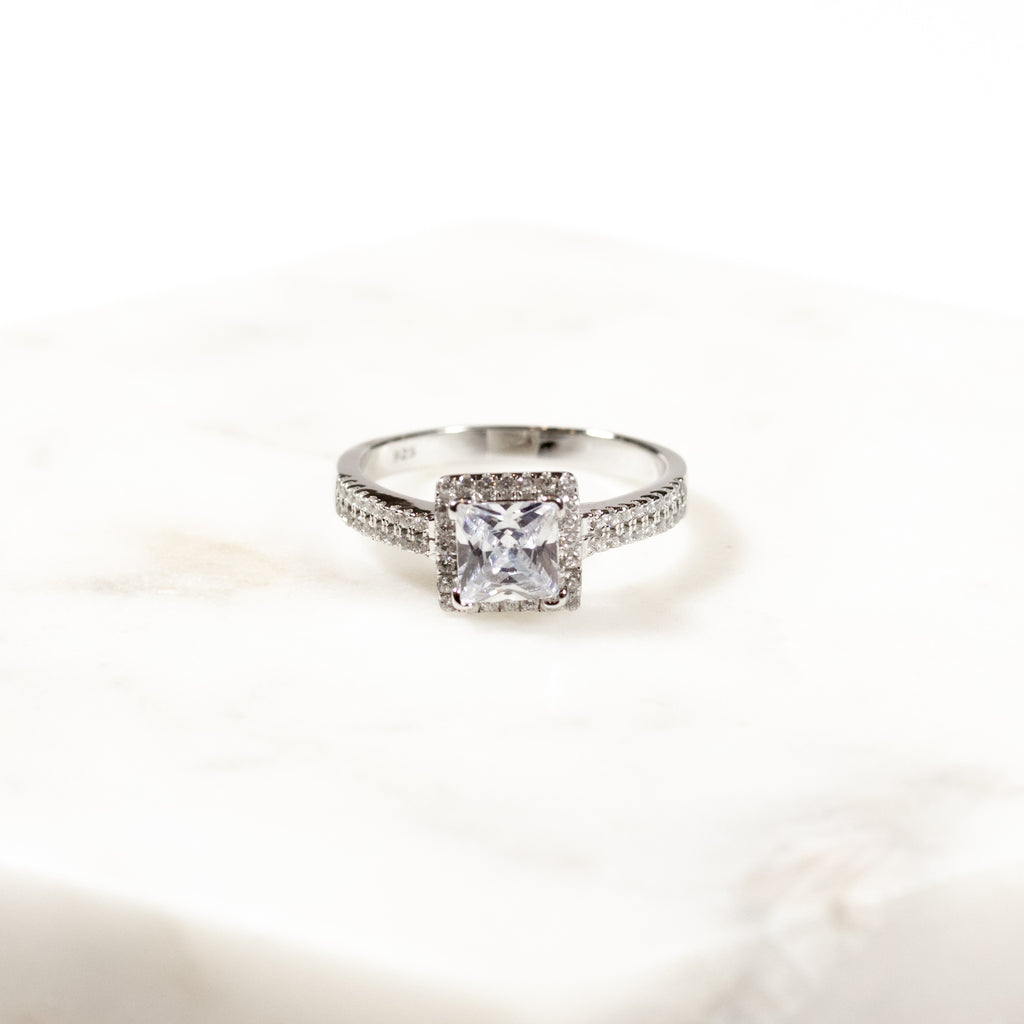 Princess Cut Cubic Zirconia Ring with CZ Pave in Sterling Silver and Rhodium