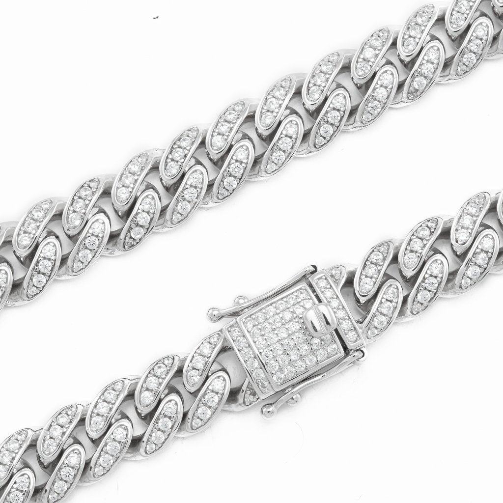 12mm - Miami Cuban Chain with Cubic Zirconia in Sterling Silver and Rhodium