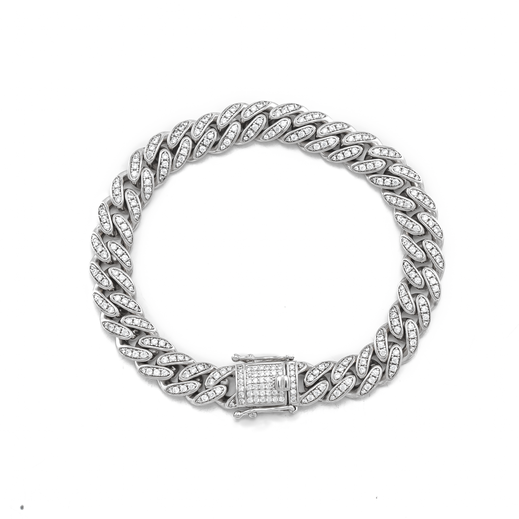 Iced Cuban Chain Bracelet with Iced Box Closure in Sterling Silver and Rhodium