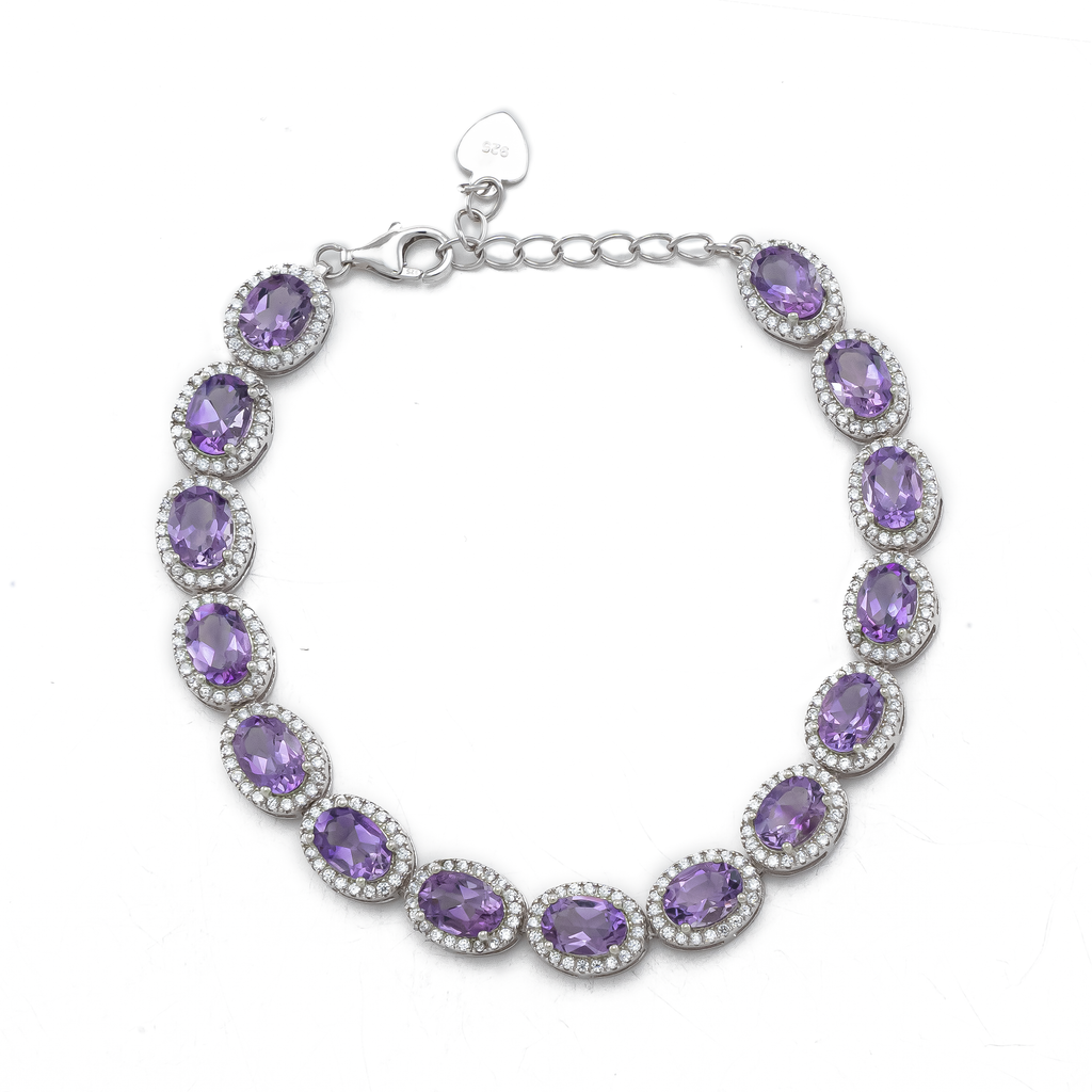 Oval Cut Amethyst with White Zircon in Sterling Silver and Rhodium