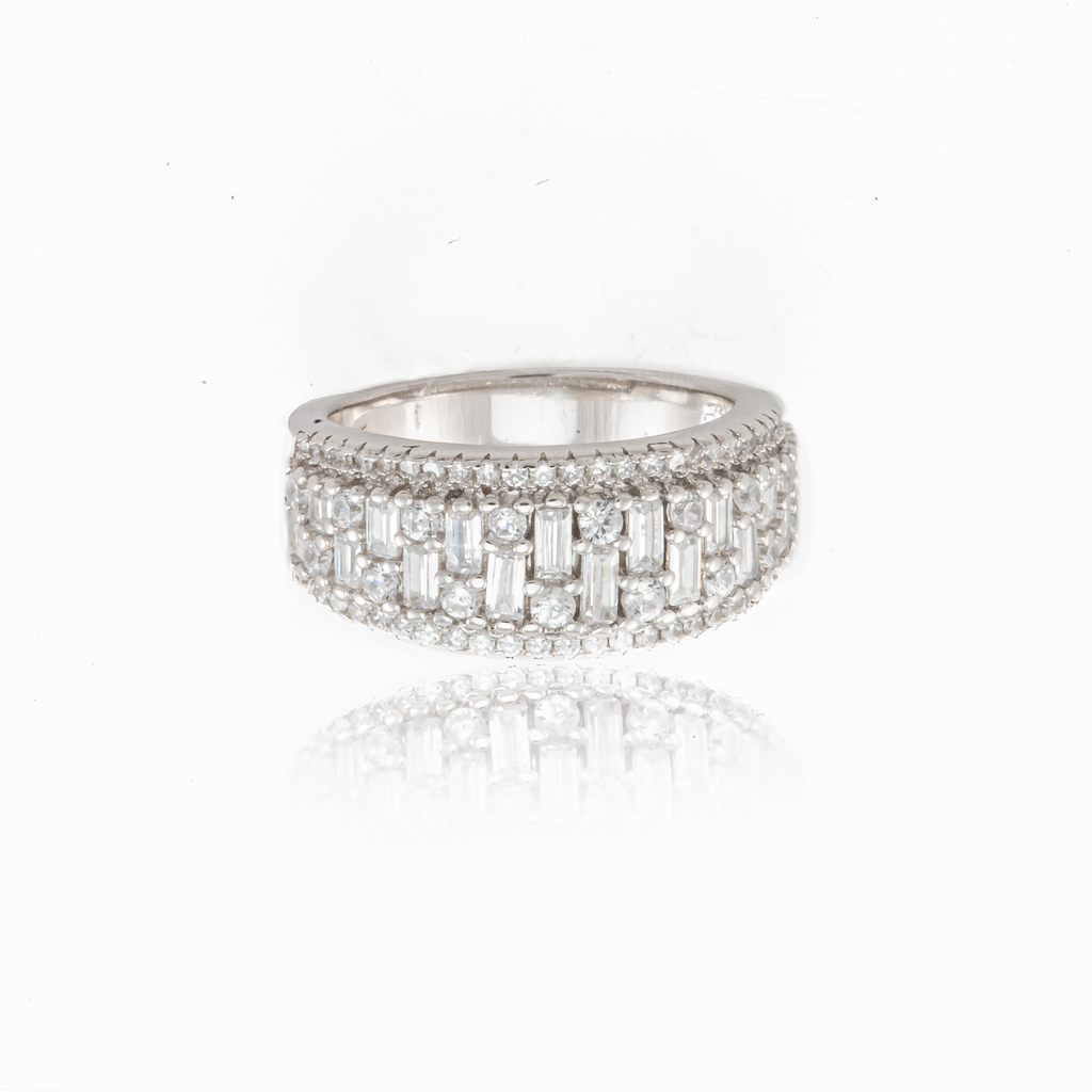 Baguette and Round White Zircon Band in Sterling Silver and Rhodium