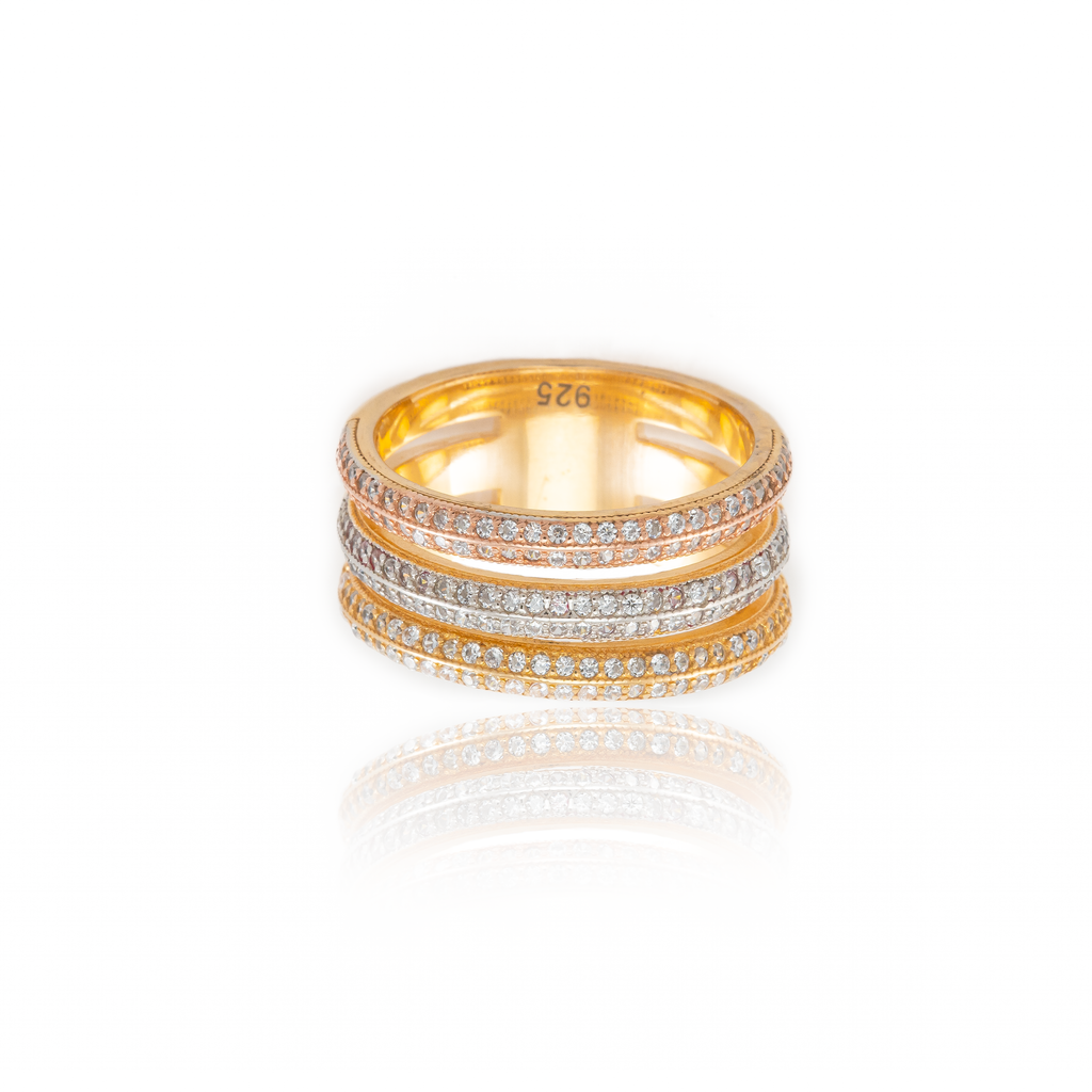 Tri-Colour Triple Band Ring with Cubic Zirconia in Sterling Silver and 18k Gold