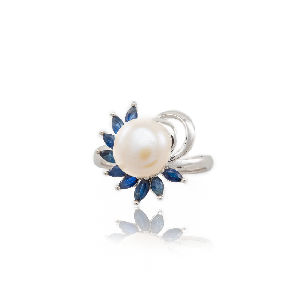 Marquise Cut Sapphire and Pearl Ring in Sterling Silver and Rhodium