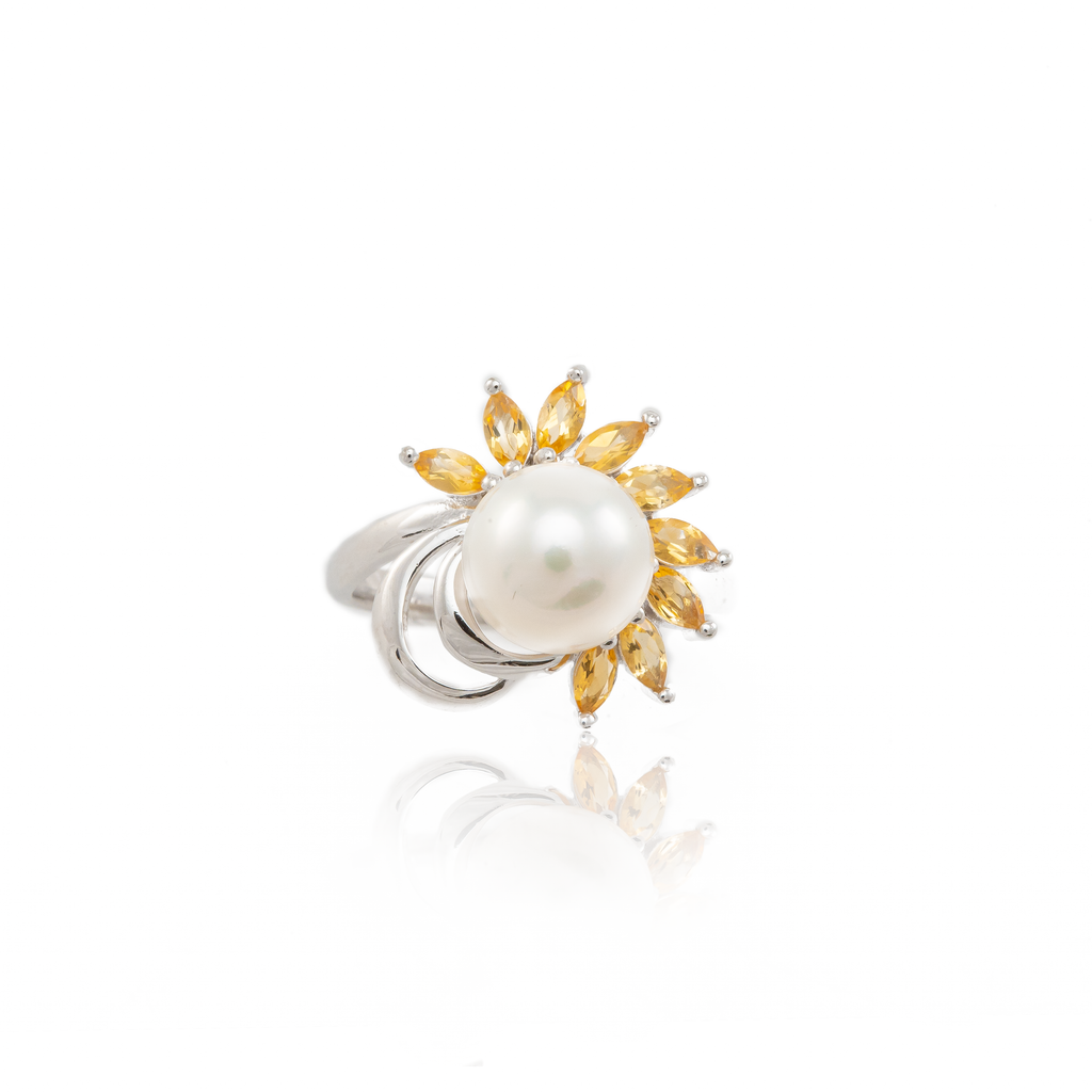 Marquise Cut Yellow Topaz and Pearl Ring in Sterling Silver and Rhodium