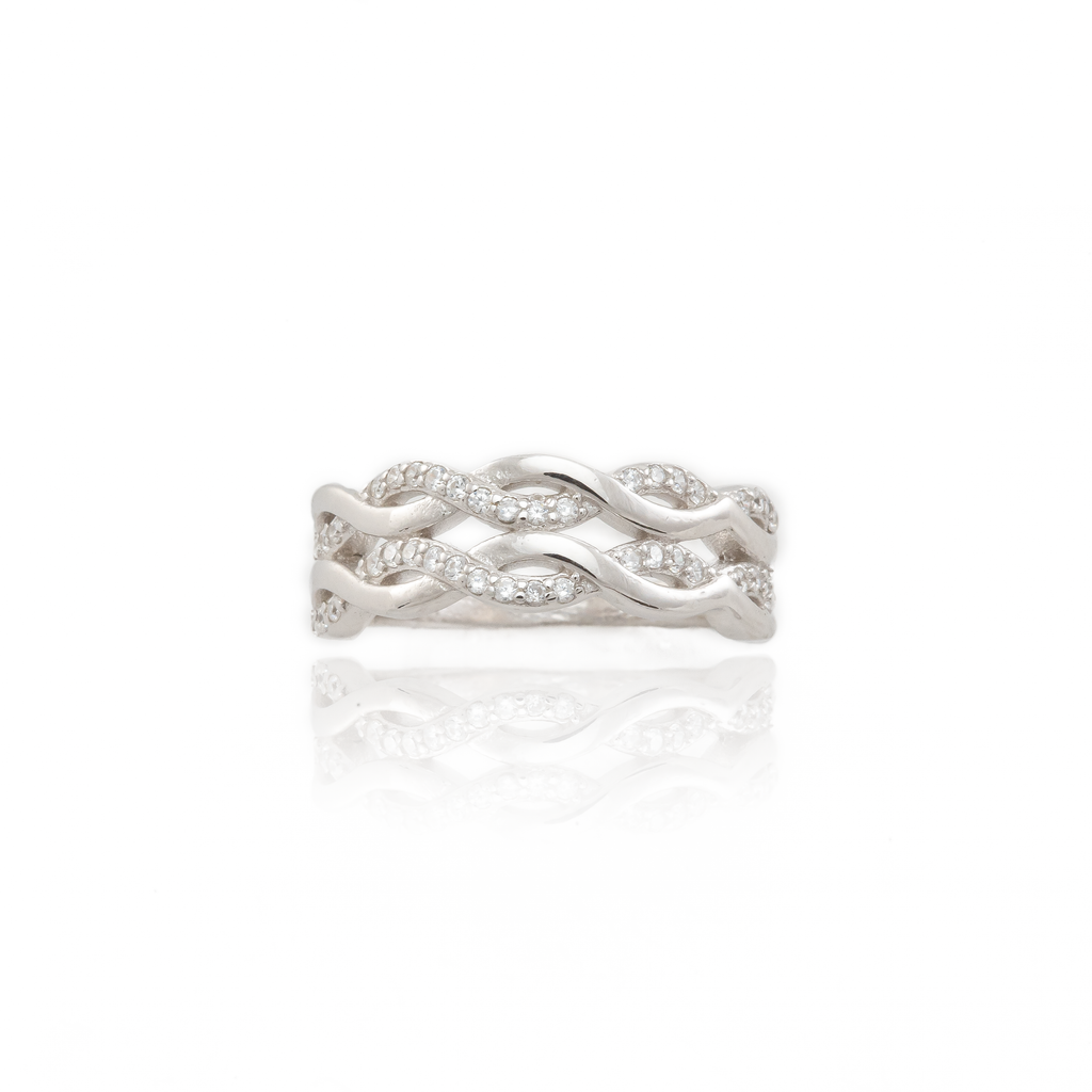 Braided White Zircon Band in Sterling Silver and Rhodium