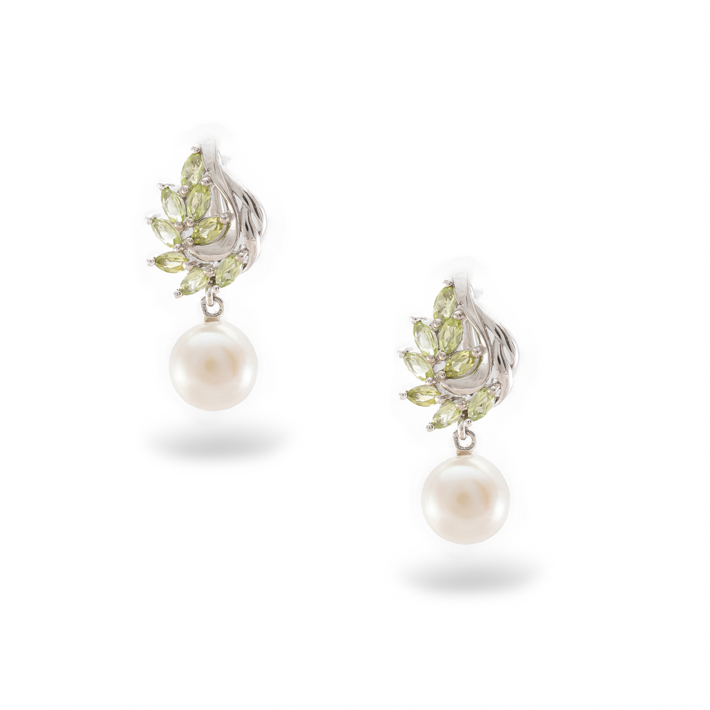 Marquise Cut Peridot and Pearl Earrings in Sterling Silver and Rhodium