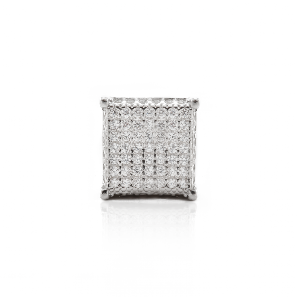 Iced Out Square Stud Earrings in Sterling Silver and Rhodium