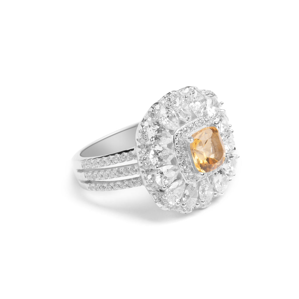 Yellow Topaz & 5A Cubic Zirconia Ring in Sterling Silver and Rhodium