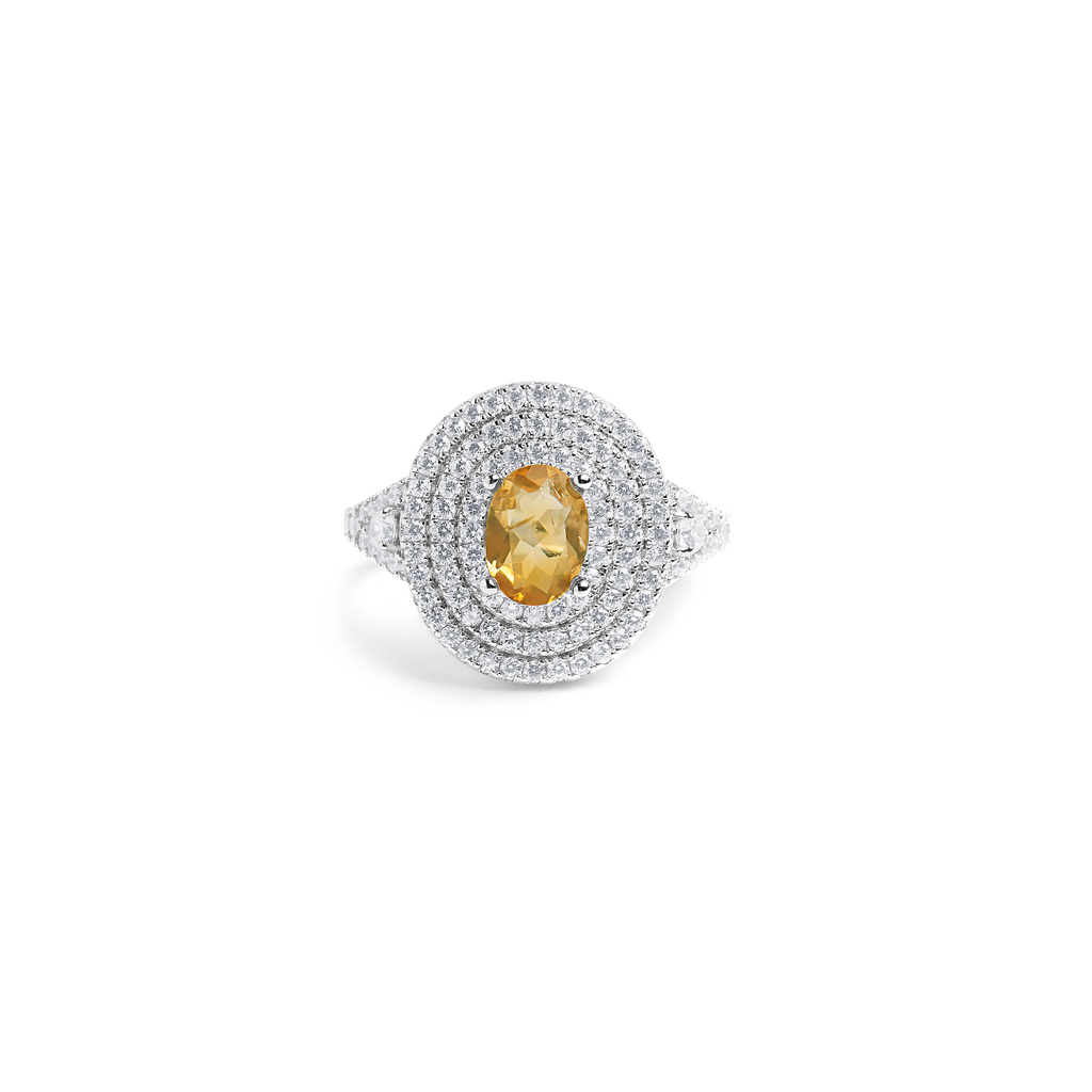 Yellow Topaz with 5A Cubic Zirconia Triple Halo Ring in Sterling Silver and Rhodium