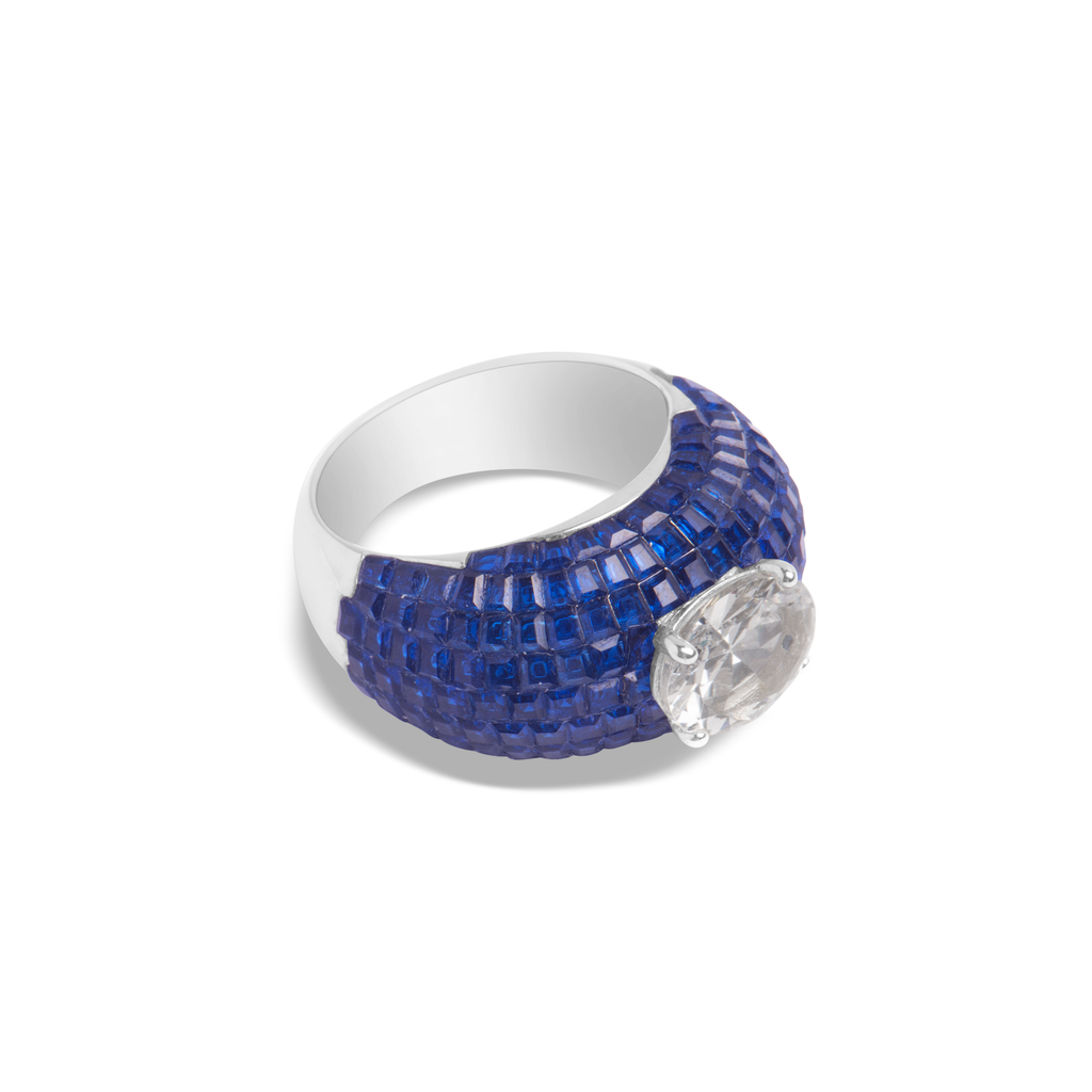 Blue Sapphire, Sterling Silver Rhodium Plated Ring