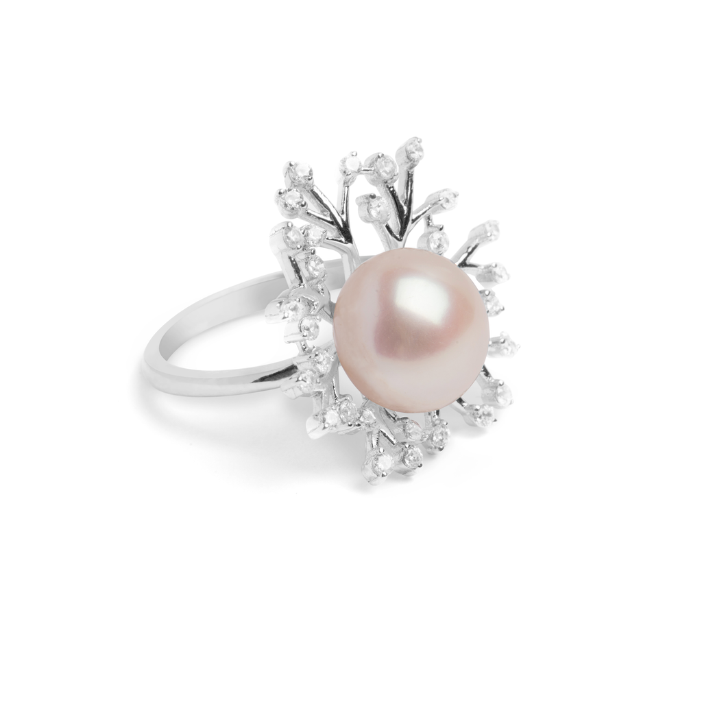 Ring With Pearl & 5A Cubic Zirconia in Sterling Silver and Rhodium