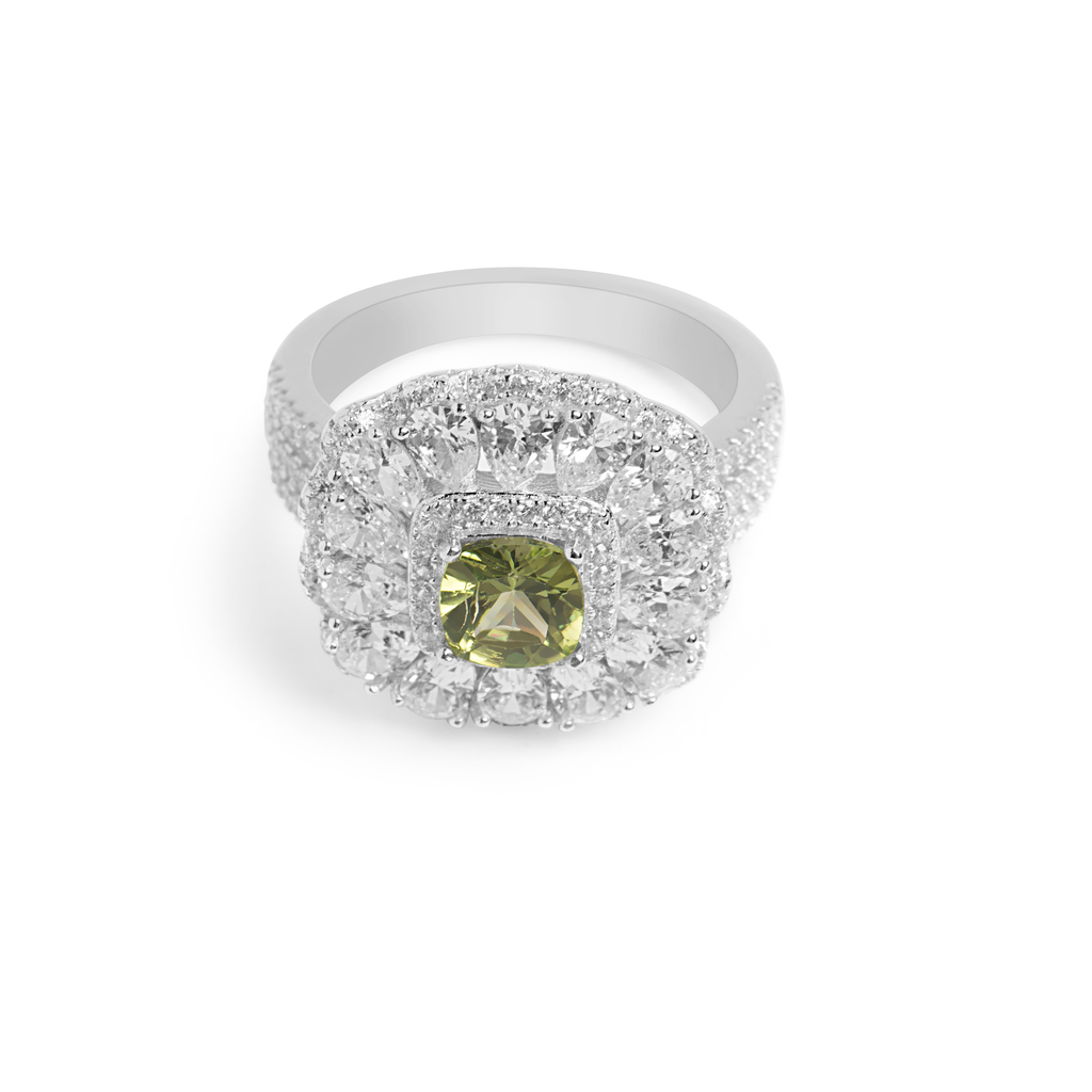 Ring With Green Peridot & 5A Cubic Zirconia in Sterling Silver and Rhodium