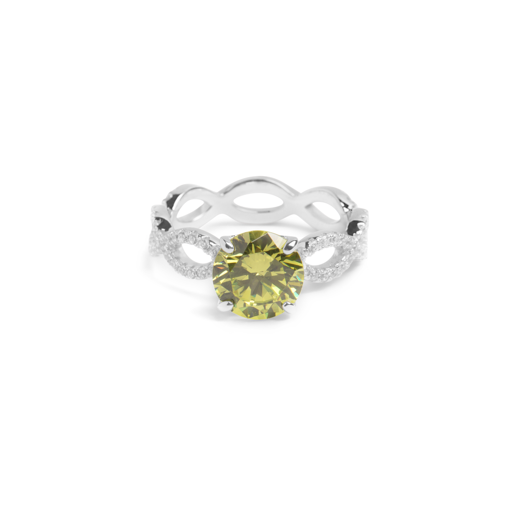 Peridot Ring with Cubic Zirconia in Sterling Silver and Rhodium