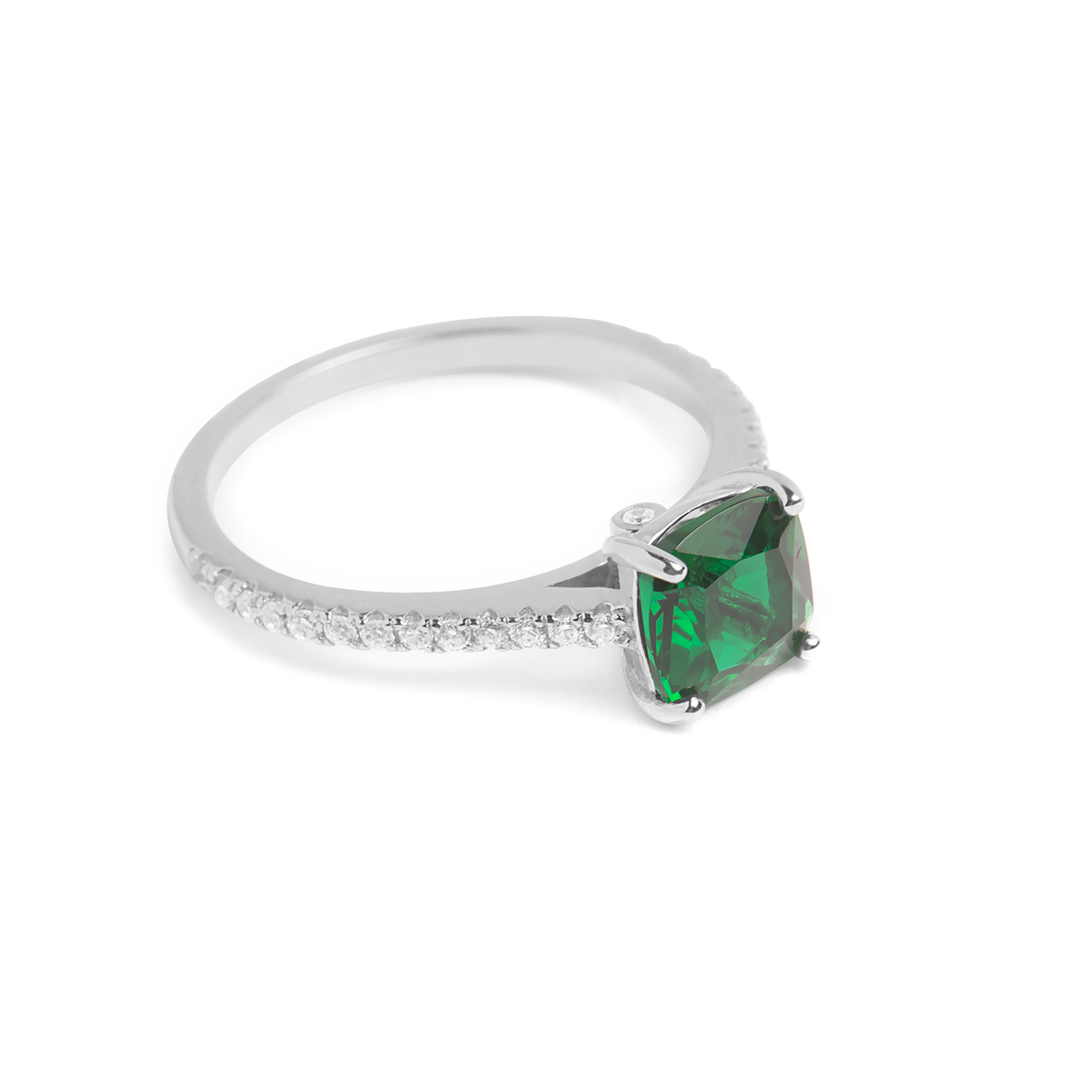 Green Emerald, Sterling Silver Rhodium Plated Ring