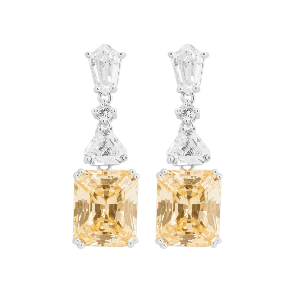 Earring With Yellow Topaz & 5A Cubic Zirconia In Sterling Silver and Rhodium