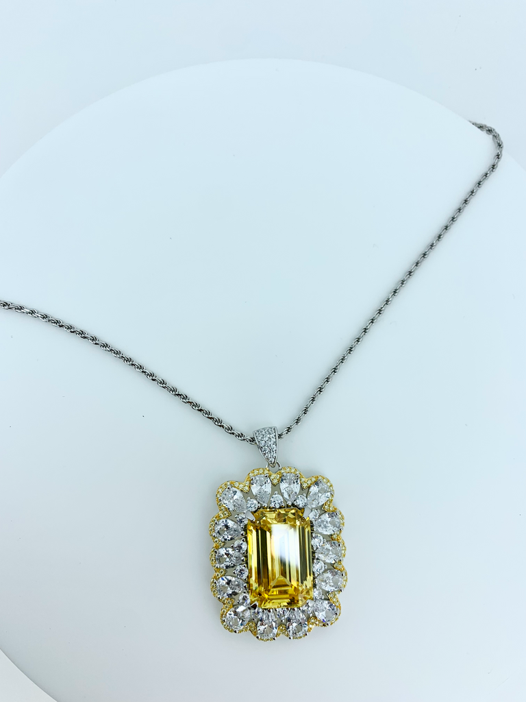 Yellow Topaz With American Diamonds Emerald Cut Pendant