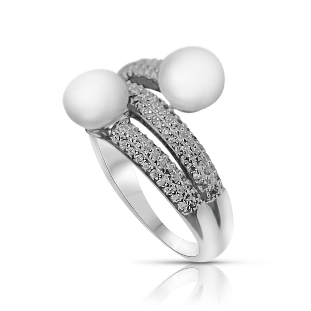 Ring with 2 Pearls and Cubic Zirconia in Sterling Silver and Rhodium