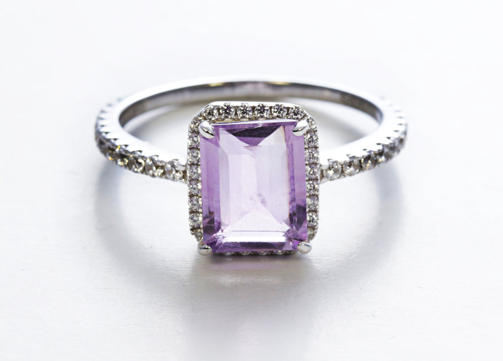 Framed Rectangular Amethyst Ring in Sterling Silver and Rhodium
