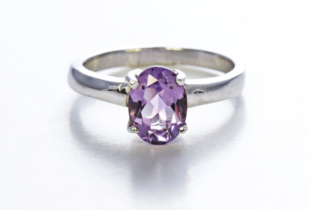 Oval Amethyst Solitaire Ring in Sterling Silver and Rhodium