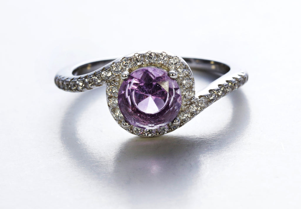 Bypass Amethyst Ring with Cubic Zirconia in Sterling Silver and Rhodium