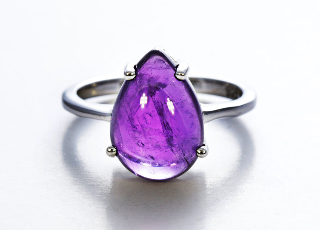Pear Amethyst Solitaire Ring in Sterling Silver and Rhodium