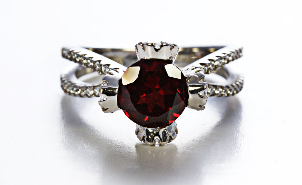 Round Cut Garnet Statement Ring with CZ Accents in Sterling Silver and Rhodium