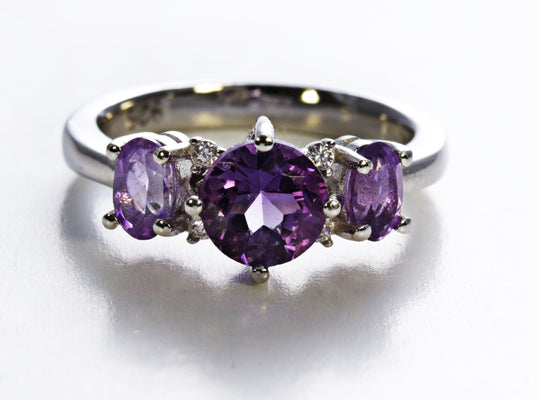 3 Stone Amethyst Ring with CZ Accents in Sterling Silver and Rhodium