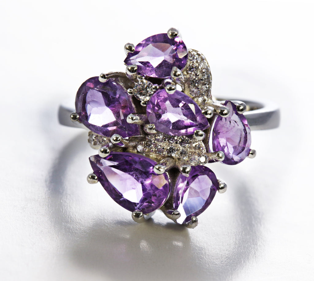 Pear Cluster Amethyst Ring with CZ accents in Sterling Silver and Rhodium