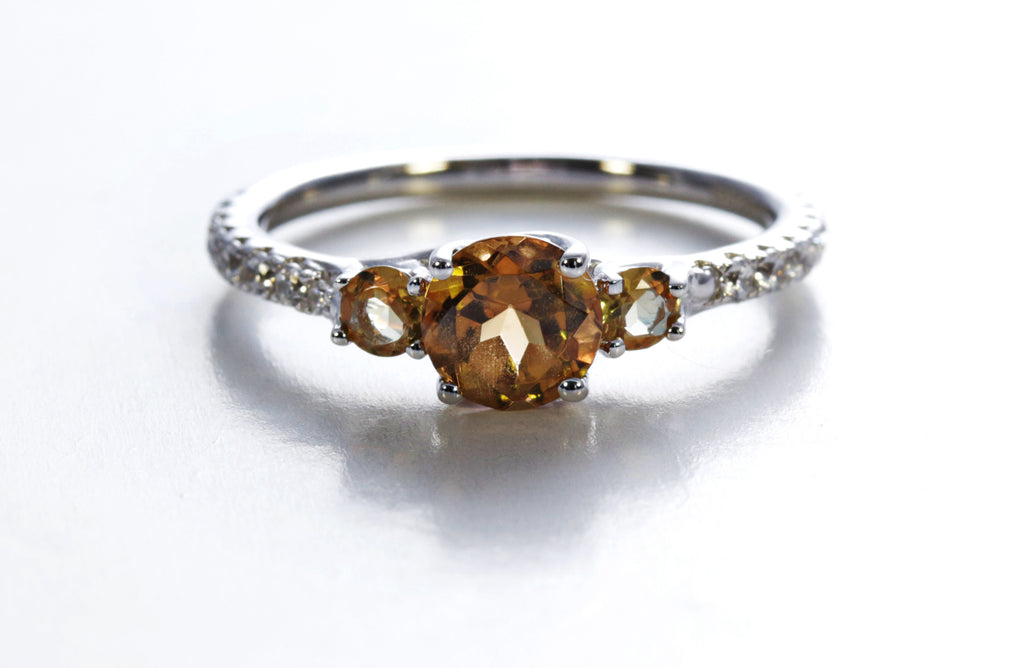 3 Stone Citrine Ring with Cubic Zirconia Accent in Sterling Silver and Rhodium