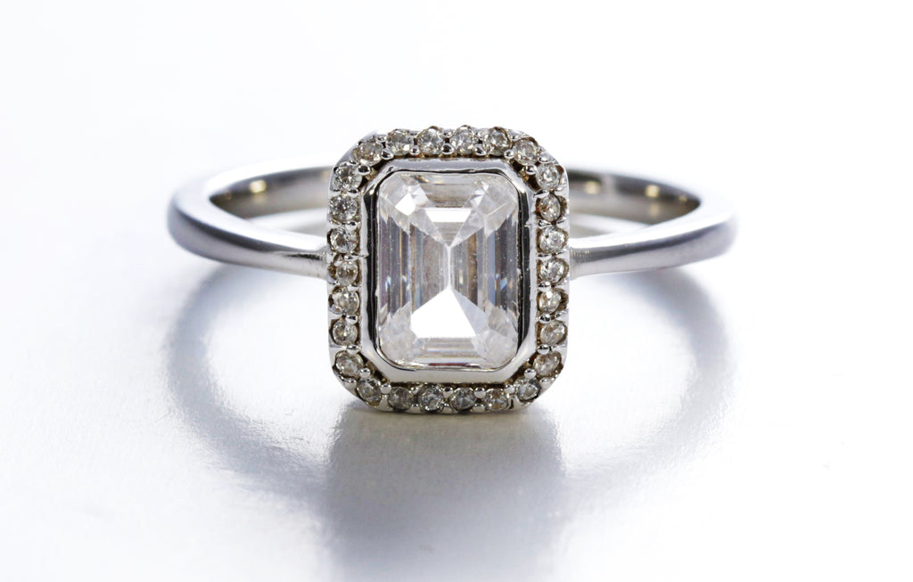 Emerald Cut White Zircon Ring in Sterling Silver and Rhodium