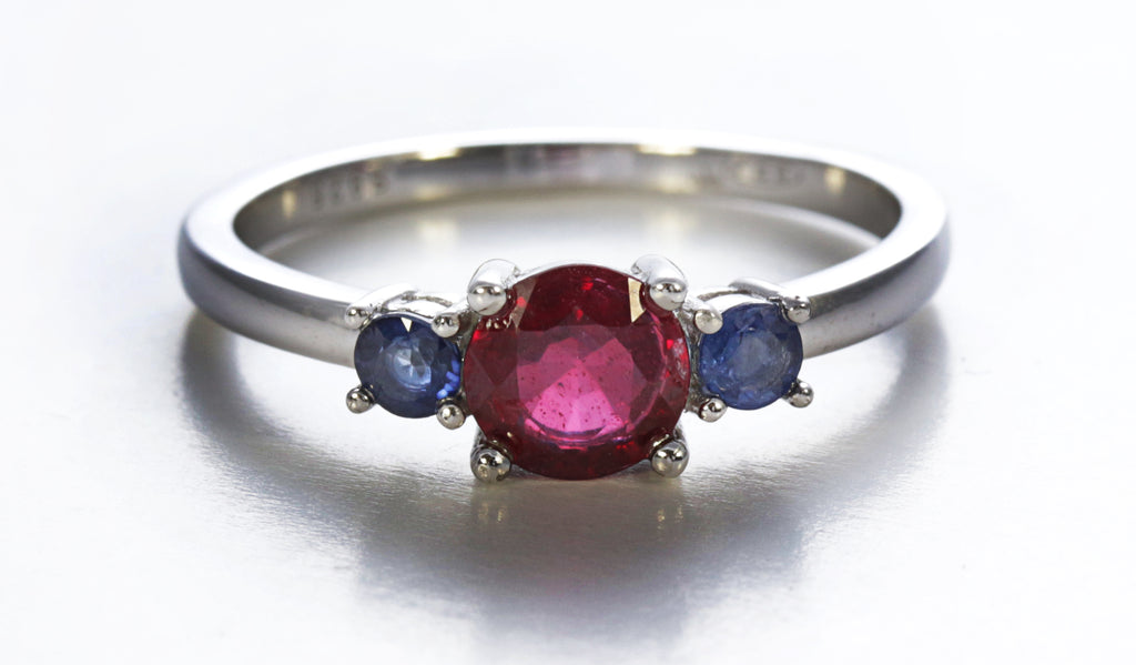 3 Stone Sapphire and Ruby Ring in Sterling Silver and Rhodium