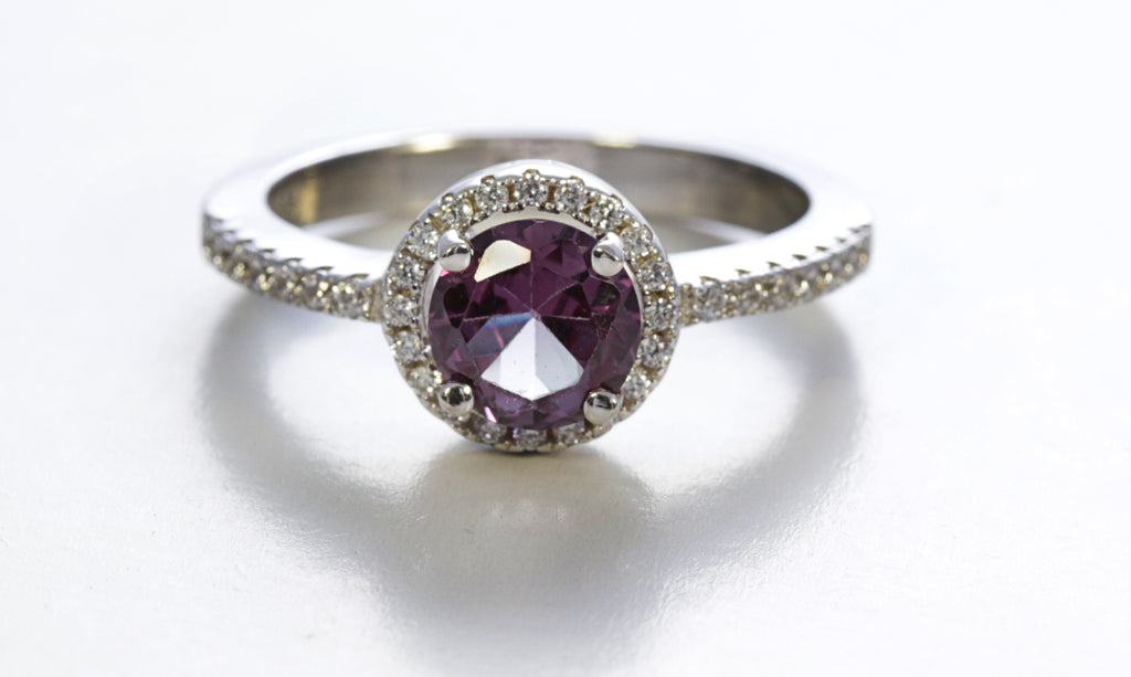 Amethyst Halo Ring with Cubic Zirconia in Sterling Silver and Rhodium