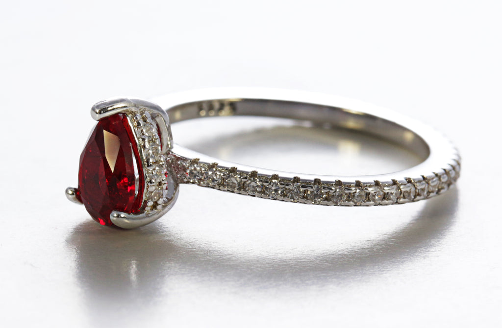 Pear Cut Garnet Ring with Cubic Zirconia in Sterling Silver and Rhodium