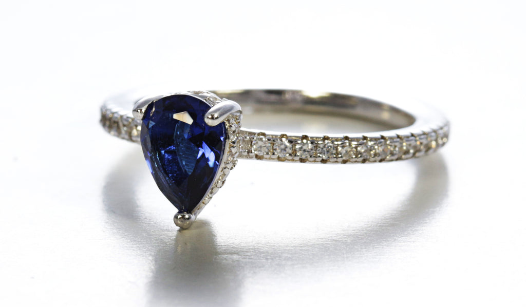 Pear Cut Sapphire Ring in Sterling Silver and Rhodium