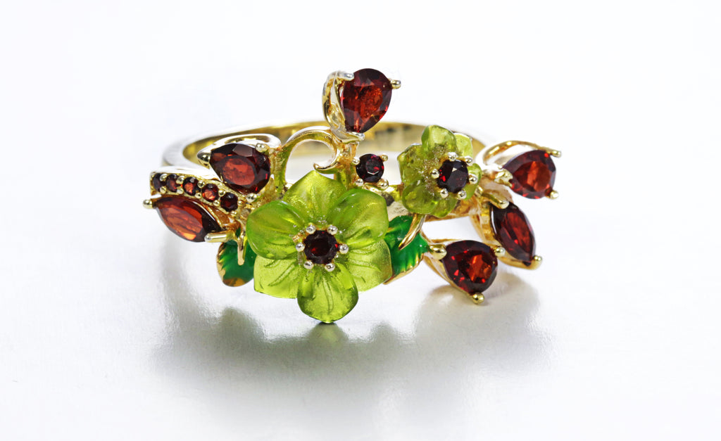 Floral Garnet Ring with Shell in Sterling Silver and Rhodium