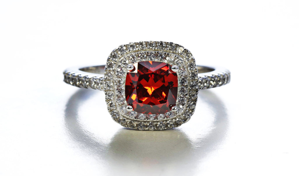 Double Frame Garnet Ring in Sterling Silver and Rhodium