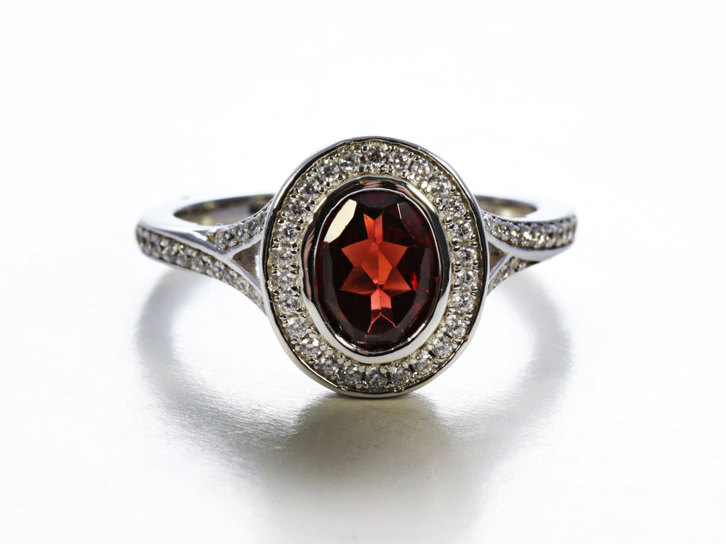 Framed Oval Garnet Ring in Sterling Silver and Rhodium