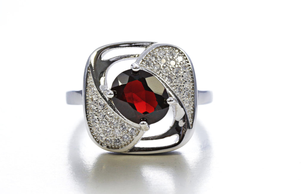 Oval Cut Garnet Ring with Square Frame in Sterling Silver and Rhodium