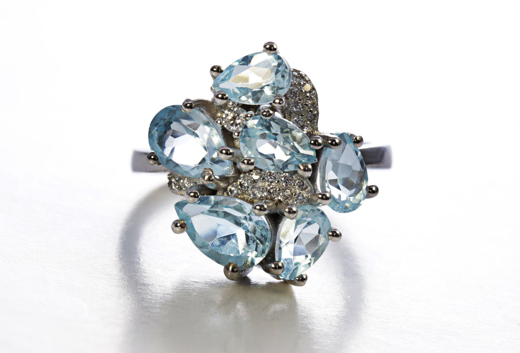 Pear Cluster Aquamarine Ring with CZ accents in Sterling Silver and Rhodium