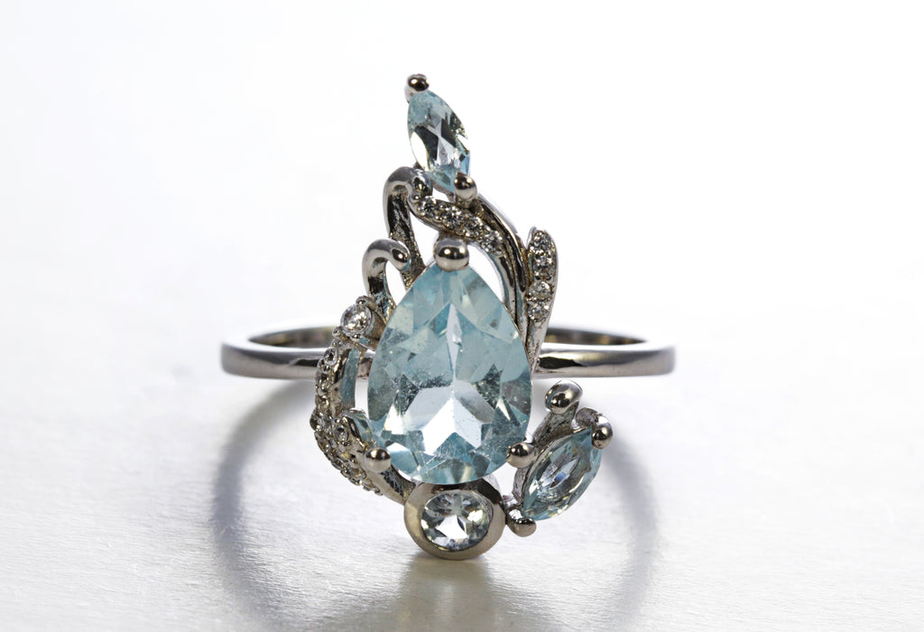 Aquamarine Pear and Marquise Ring in Sterling Silver and Rhodium