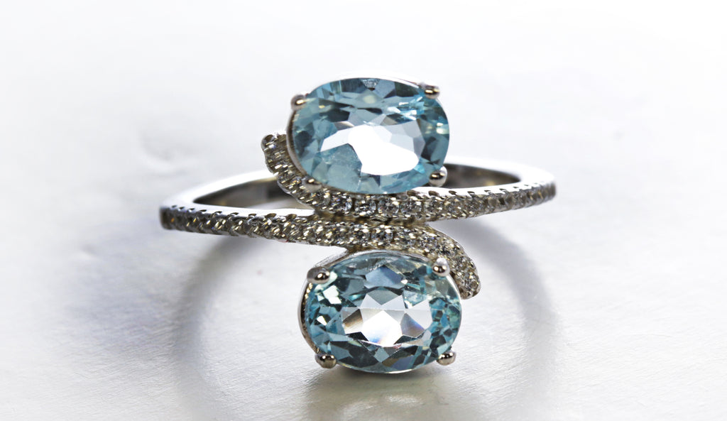 Aquamarine Split Bypass Ring with Cubic Zirconia in Sterling Silver and Rhodium