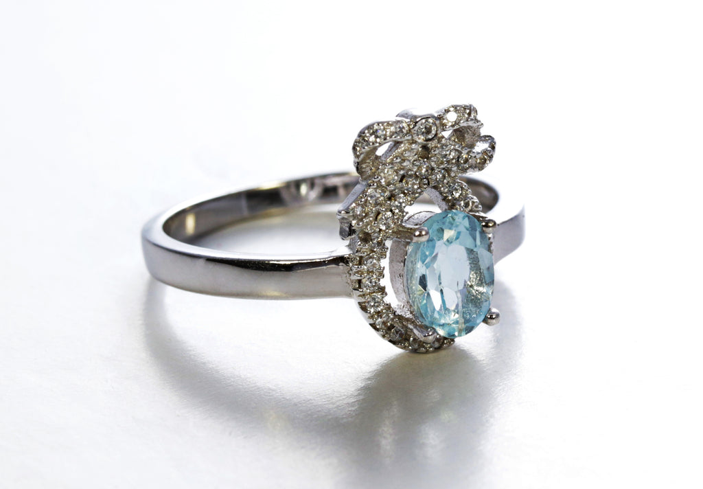Aquamarine with Cubic Zirconia Ribbon Ring in Sterling Silver and Rhodium